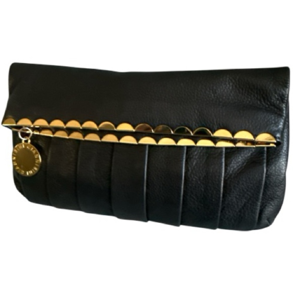 Leather Zip Clutch Gold Medallion Fringe Leopard Lining Pockets Evening Bag